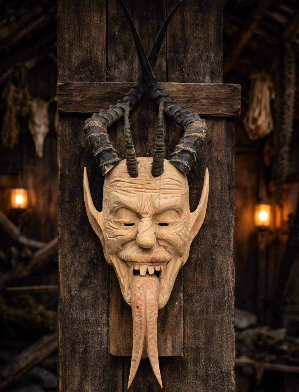 Artisan carving a wooden Perchten mask by hand in alpine workshop
